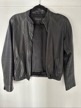 Club Monaco Black Leather Bomber Jacket with Minimalist Silhouette